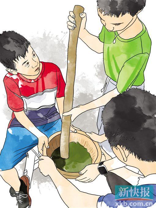 小朋友在茶园里体验擂茶.
